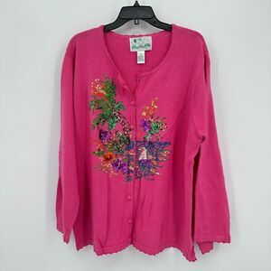 Vintage The Quacker Factory Sweater Womens 2X Plus‎ Pink Cardigan Palm Sequins